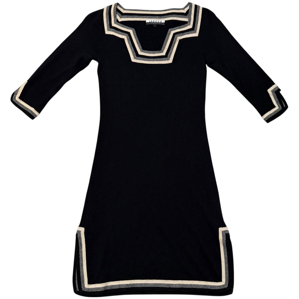 Jaeger London Dress Silk Cashmere 3/4 Sleeves Black & White Square Neck Mod